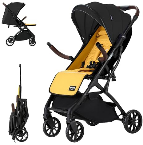 Daliya® YOOPI Reisebuggy, faltbar, mit Teleskopgriff, Flugzeug Buggy, Alluminiumrahmen, Stufenlose Rückenlehne, Stadt-Buggy, Aufbewahrungstasche (Schwarz-Gelb)