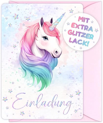 12x GLITZER Einhorn EINLADUNGSKARTEN KINDERGEBURTSTAG Mädchen Junge + 12x Umschläge - die Aquarell Regenbogen PARTY Karten sind die Einhorn EINLADUNG für Kinder Jungen GEBURTSTAG Pferde UNICORN