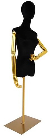 Weibliche Schaufensterpuppe mit Samtbezug & Gold-Armen, Höhenverstellbar 150-200cm für Boutique, Brautmoden & Dekoration, Inkl. Ständer (Schwarz)