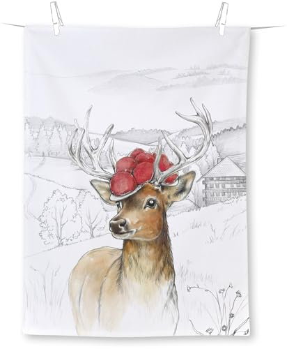 Ihr - T 1097300 - Geschirrtuch, Schwarzwald Hirsch, Hirsch mit Bollenhut, Baumwolle, Bedruckt, 50cm x 70cm