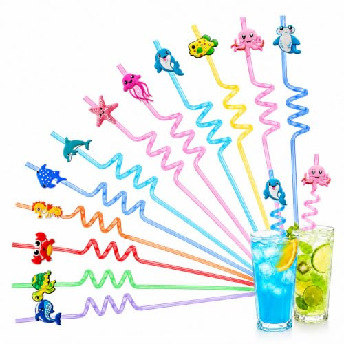 Yegookay 12 Cannucce Riutilizzabili con Animali Marini per Bambini | Cannucce colorate per bambini con simpatici animali marini, ideali per succhi, cocktail, feste di compleanno e party
