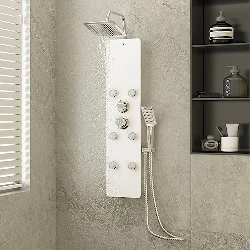 Kaloriko Panel de ducha de cristal blanco, 25 x 47,5 x 130 cm, acero inoxidable con cabezal de ducha de lluvia, chorro de masaje, ducha de mano, 156 boquillas, ajustable, montaje en pared para baño