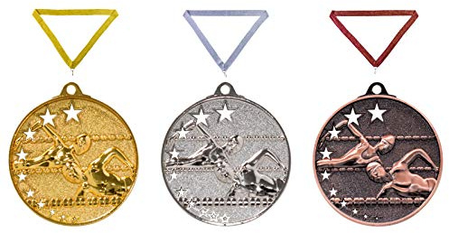 Henecka Medaille Schwimmen, Medaillen mit Wunschgravur, inklusive Halsband, wählbar in Gold, Silber, Bronze, oder als 3er-Serie (Gold)