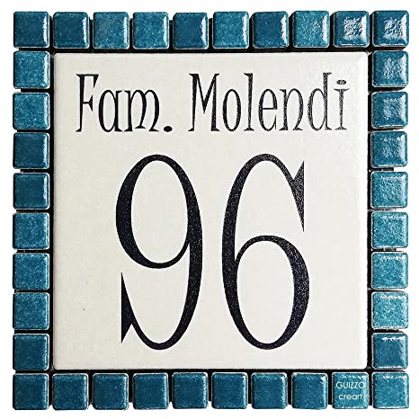 GUIZZO Creart - Numero Civico Esterno Personalizzato in Ceramica, Targhetta Personalizzata Via/Nomi Cornice Mosaico, Targhetta Porta Ingresso Personalizzata Made in Italy, 12x12H cm, Verde Scuro/Panna