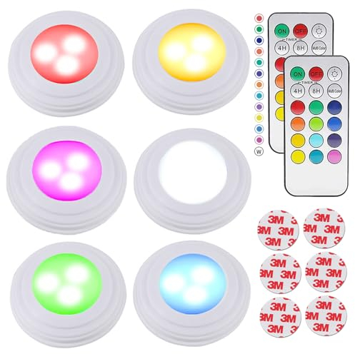 Sgizoku Under Cabinet Kitchen Light Battery Operated Cupboard Lights,LED Wireless Puck Lights with 2 Remote Controls &Time Function,13 Colors Dimmable Push Lighting Stick on Wardrobe Counter-6 Pack