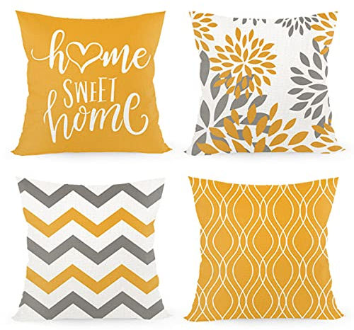 Joyshare 45x45 4er Set Sofa dekorative Kissenbezüge Leinen, Kissenbezug mit Reissverschluss Gelb