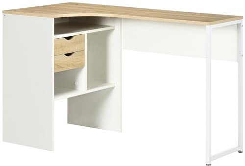 HOMCOM - Escritorio de escritorio con cajones y cajones para almacenamiento de madera, color roble claro, blanco