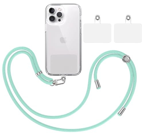TBOC Pack: Cordón Correa Cuerda Universal [Verde Agua] + 2 Parches Extra de Sujección | Colgar Funda Teléfono Móvil en Cuello | Cinta Cadena Colgante Colgador Lanyard con Enganche Llavero Móviles