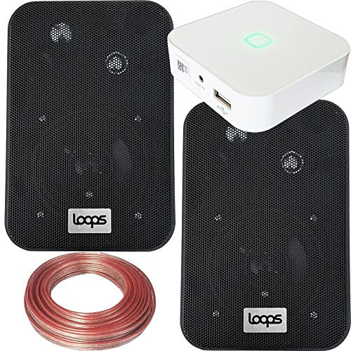 Loops 80W Speaker System - Compact WiFi Stereo Mini Amplifier - 2x 70W 4 Black Wall Mounted/Bookshelf Speaker Kit - App Controlled Wireless Music Streaming Amp