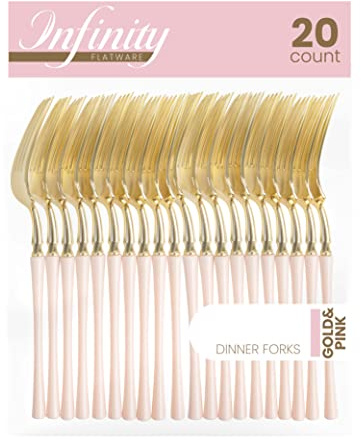 PlasticPro 20 Count Gold and Pink Plastic Dinner Forks Premium Quality Heavy Duty Disposable Elegant Silverware Two Tone Forks for Party