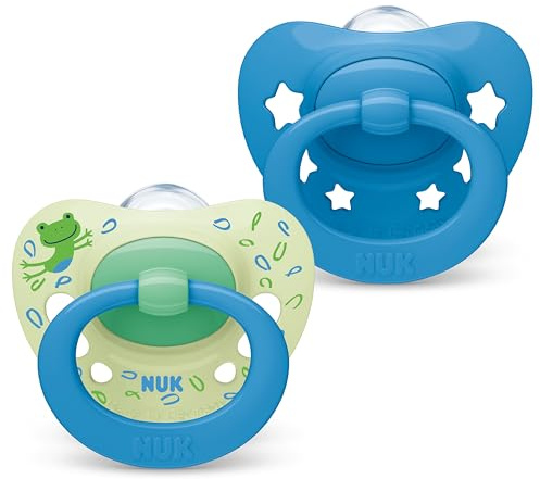 NUK Signature Babyschnuller | 6-18 Monate | Beruhigt 95 % der Babys | BPA-freie Silikonschnuller in Herzform | Mit Etui | Blaue Sterne | 2 Stück
