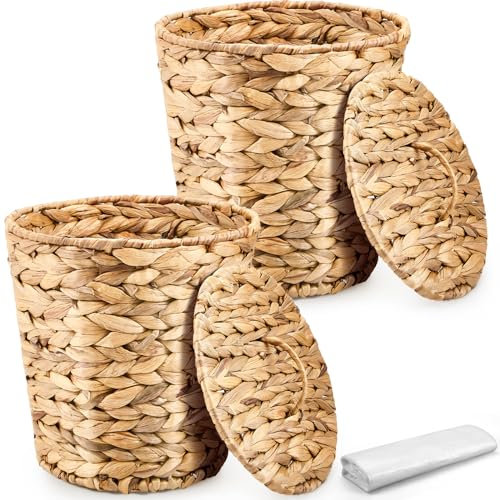 Ctosree 2 cestas de mimbre tejidas, cesta de basura natural para baño, papelera con tapa con 100 bolsas de basura para dormitorio, granja, hogar, oficina, cocina (mediana)