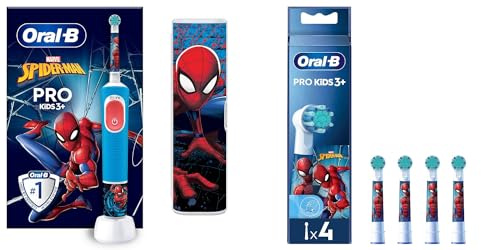 Oral-B Pro Kids Brosse à Dents Électrique Enfant, Spider-Man Marvel, 1 Brossette Brossage Doux, 1 Étui Voyage, 4 Stickers + Pack de 4 Brossettes Spiderman, 3 Ans et Plus