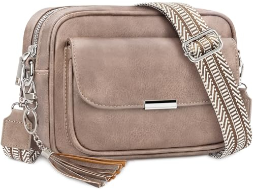 NEWIROVE Crossbody Bag Damen Leder Umhängetasche Damen Mittelgroß Handtasche Schwarz mit Breitem Gurt Verstelbaar Schultertasche Damen Mit Fransen Für den Einkauf Auf Reisen Casual,Aprikose