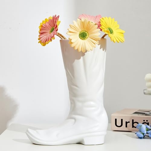 Denique White Ceramic Cowboy Boot Vase, Unique Boot Shaped Flower Vase for Home Decor, Modern Farmhouse Decorative Vase for Living Room, Bedroom, Office, Table Centerpiece, Gift for Women