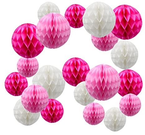 iMeshbean Lot de 21 boules en papier nid d'abeille rose rouge rose 15 cm, 20 cm, 25 cm, décoration pour mariage, anniversaire, fête