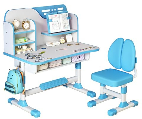 cadciehe Set di 2 sedie da scrivania per bambini di alta qualità, regolabili in altezza, con motivo astronauta, sedia ergonomica da scrivania con grande lavagna, libreria e cassetto