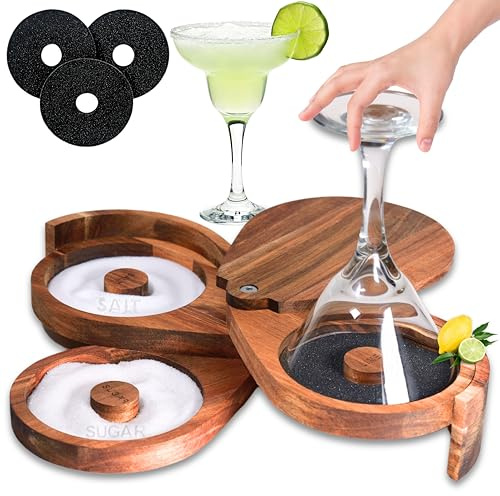 Margarita - Juego de bordes de sal de madera de acacia de 3 niveles para bordes de vidrio, condimento de sal/azúcar/lima para Bloody Mary, accesorios de bebida de cóctel de tequila de Manhattan, para