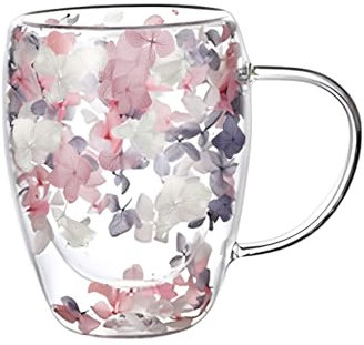 Hoquare Dry Flowers Double Walled Coffee Mugs Insulated Thermal Coffe Glasses Large Tea Cups Clear Glass Cups for Latte Cappuccino Macchiato Hot or Cold Drinks (350ML-light Color)