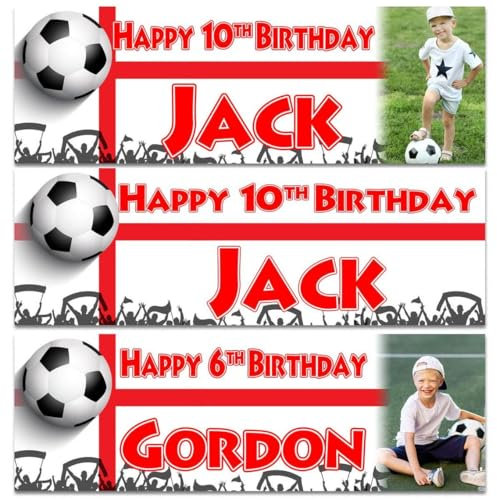 2 Personalised birthday photo banner England Football club children boy girl nursery adult party decoration-any name, age, occasion soccer birthday banner
