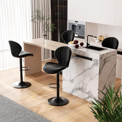 Hawthyhome Barhocker 4er Set Höhenverstellbar mit Lehne Stoffbezug Schwarz | Stoffbezug, 360° Drehbar, Fußstütze, Barstuhl, Küchenhocker, Tresenhocker, Heimbar, Einfache Montage