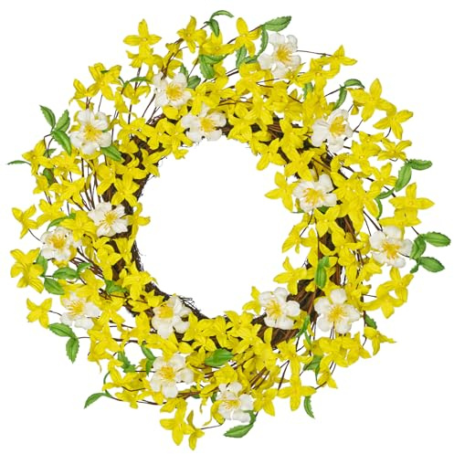 Oairse Artificial Forsythia Flowers Wreath 20 Spring Summer Wreath Faux Floral Wreath Yellow Forsythia Door Wreaths for Front Door Home Kitchen Wall Window Mantle Farmhouse Indoor Outdoor Decor