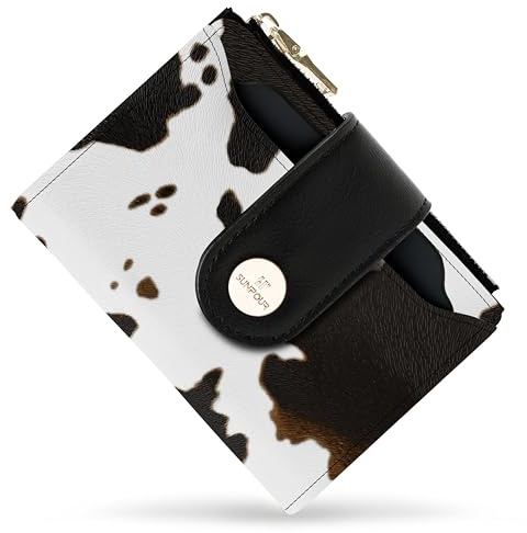 Sunpour Portemonnaie Damen Klein RFID–Mittelgroße Geldbörse aus Leder mit Kartenfächern,Münzfach mit Reißverschluss&Abnehmbarem Ausweisetui–Kompaktes Portmonee Damen für Alltag&Reise(Kuhfell-Muster)