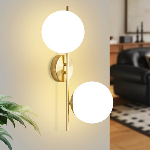 ZMH Wandleuchte Innen Wandlampe Schlafzimmer Wandbeleuchtung Treppenhaus | Vintage Glaskugel Gold Flurlampe Badezimmer Glas Lampenschirm E27 Modern 2 Flammig Beleuchtung für Flur(Ohne Leuchtmittel)
