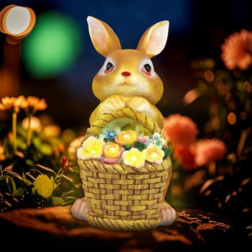 Solar Rabbit Garden Ornaments Outdoor – Waterproof Resin Rabbit Statue with Solar Flower Light, Garden Decor for Patio, Balcony or Yard | Christmas