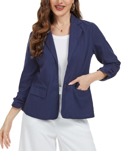 YOUNIFIZ Blazer da donna in lino con maniche a 3/4 increspate leggere con risvolto a bottoni 2025 Blazer estivi casual con tasche, Blu scuro, M