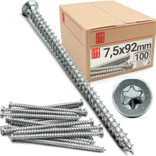 Tornillos para hormigón 7,5x92mm, 100 unidades, tornillo marco ventana cabeza avellanada Torx T30, tornillería acero cincado, tacos y tornillos para pared y madera, Lun Fix