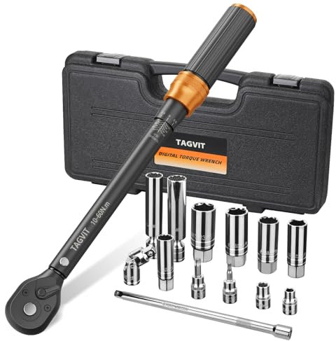 TAGVIT Clé Dynamométrique 3/8, Clé de Torsion 10-60Nm, 14 Pièces Voiture y Moto Kit, 72 Dents avec Joint Universel, Rallonge et Embouts pour Démontage Facile des Bougies D'allumage
