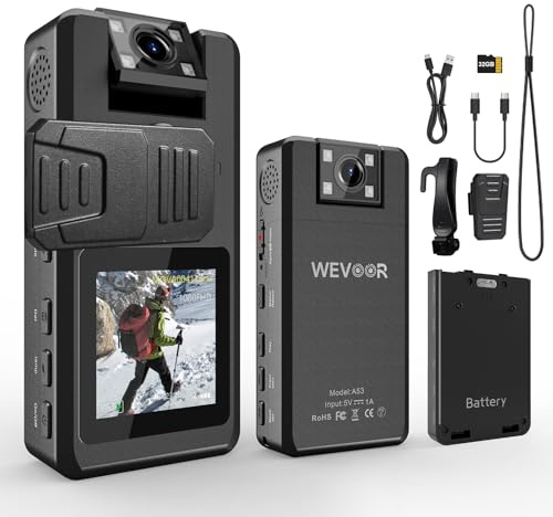 Body Cam 1296P 32G 20H Polizia, Obiettivo Girevole a 180° | 2x2310mAh Batteria, Telecamera Videocamere Montate Sul Corpo Indossabile Portatile con Clip, Visione Notturna per Esterni
