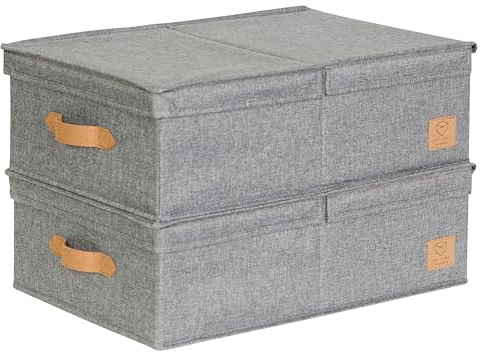 LOVE IT STORE IT Premium Aufbewahrungsbox mit Deckel, Grau, 2er Set | Aus Leinen Stoff, Stabil, Für Unterbett & Kleiderschrank, je 50x33x16 cm