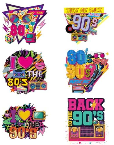 arricraft 6 piezas de artículos de los años 80 y 90 parches de calcomanías para planchar, calcomanías de transferencia de calor de plástico para ropa, mochilas, cubierta de cortina