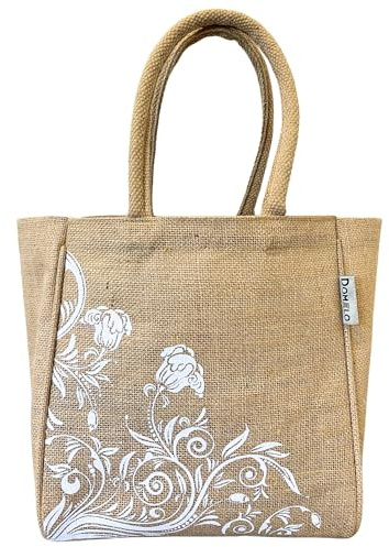 Domelo Jute Handtasche kleine Tote Bag vegane Einkaufskorb Naturfarbe Geschenktasche mini Tragetasche Jutetasche Korb mit Aufdruck Damen Tasche nachhaltige Shopper Jutebeutel