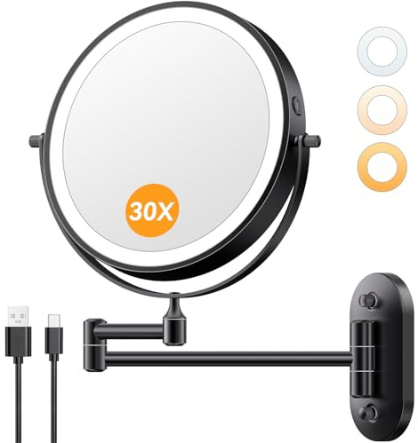 Auxmir 1X/30X Wall Mounted Lighted Makeup Mirror, 8 Rechargeable Double-Sided Magnifying Mirror with Light, Touch Dimmable 3 Color Light, 360° Rotation Foldable Extended Arm, Black