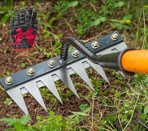 5/6/7/8 Dientes Rastrillo de deshierbe de jardín de Acero al Carbono, 2025 Nuevo rastrillo de Hierro Resistente para jardinería y deshierbe, rastrillo de jardín de Metal Muy Resistente (6 Dientes)
