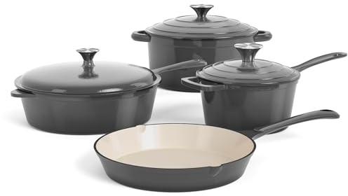 DishDelight Enameled Cast Iron Cookware Set, 7 Piece Set of Dutch Ovens, Sauce Pan, Skillet, 3 Lids, Ceramic Coated Cast Iron Dutch Oven Set, Round Dutch Oven Pot for Sourdough Bread Baking, Gray