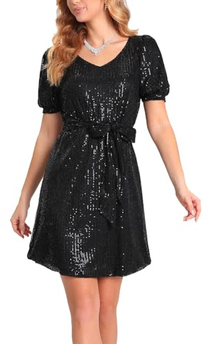 YYPBI Pailletten Kleid Damen V-Ausschnitt Kurzarm Kleid Elegant Mini Kleid Cocktailkleid Partykleid Schwarz M