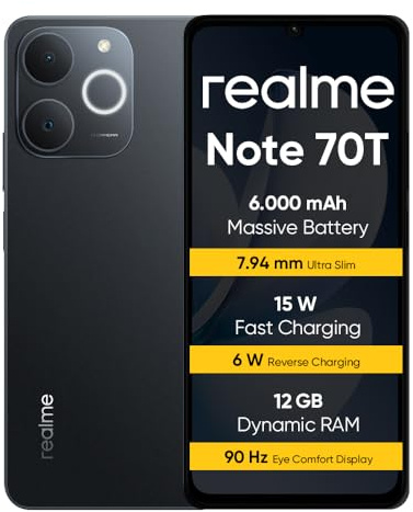 realme Note 70T Smartphone 4+128 GB, Batteria da 6.000 mAh, Ricarica rapida da 15 W con carica inversa da 6 W, 24 GB di RAM dinamica, Display con comfort visivo da 90 Hz, Nero T
