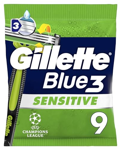 Gillette Rasoir Jetable pour Hommes Blue3 Sensitive 3, pack de 9, Vert – 3 Lames au Revêtement Chromé, Tête Pivotante à 40°, Bande Lubrifiante