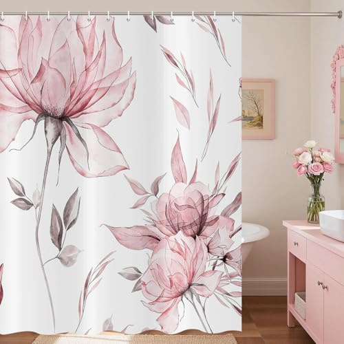 ASDCXZ Aquarell Blumen Duschvorhang 180x200 cm, Tuschmalerei Stil Rosa Blumen Blätter Frühling Pflanzen Wasserdicht Badvorhang Polyester Textil Waschbar Duschvorhänge für Badewanne mit 12 Haken