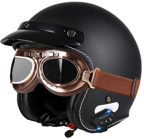 Casque Moto Jet Rétro Demi Casque Ouvert Scooter Casques Bols Vintage Bluetooth avec Lunettes Casques Portable Approuvé ECEDOT pour Unisexe avec Haut-Parleur Et Microphone J,XXL:63-64CM