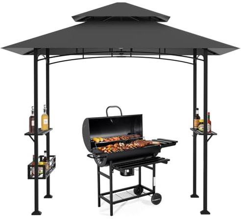 Eikuavons Grillpavillon 238 x 148 x 242 cm, BBQ Pavillon mit Doppeldach, 2 Seitenablagen, Ablagekorb, 10 Haken, Flaschenöffner, UV30+ Sonnenschutz, für Garten und Terrasse, Dunkelgrau