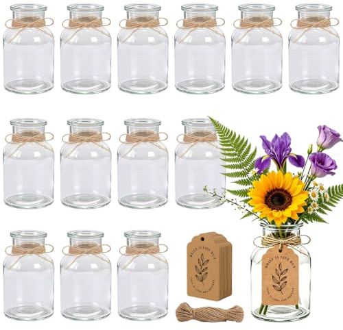 Forhandy Set om 12 små glasvaser med jutesnöre, 125 ml litet vas glas | Mini vas-set med 10 m jutesnöre 50 hängen genomskinliga vaser för målning elegant blomvas ingen för dekoration bröllop