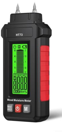 HT73 Humidimètre numérique pour bois, 0 à 99,9 % double sonde, hygromètre LCD rétroéclairé pour bois de chauffage, bois, béton, cloison sèche et matériaux de construction