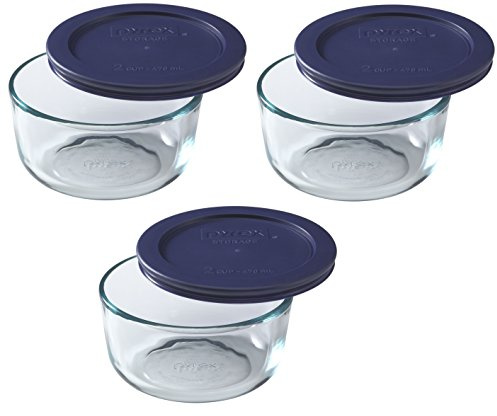 Pyrex 7200 2-Cup Glass Bowl & 7200-PC Dark Blue Lid (3-Pack) - Made in USA