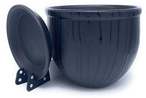 Pot de Fleurs en céramique émaillée avec Soucoupe Ronde en Terre Cuite avec bac d'égouttement Couleur Argile Standard (16 cm x 12 cm, Rayures Noires)