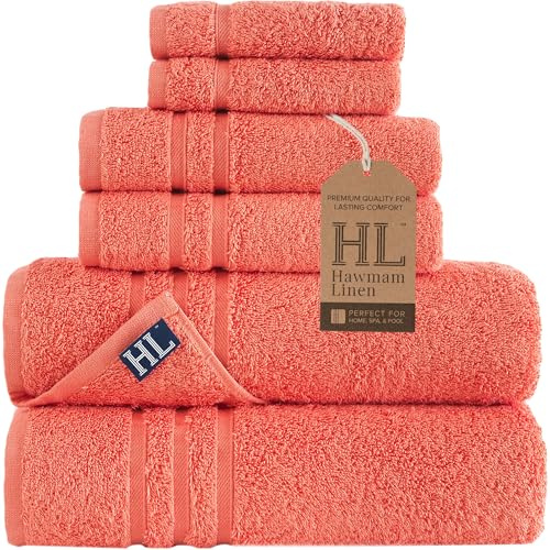 Hammam Linen Coral Orange Badetücher Set 6 TLG. Original türkische Baumwolle weiches, saugfähiges und hochwertiges Handtuch für Bad und Küche 2 Badetücher, 2 Handtücher, 2 Waschlappen